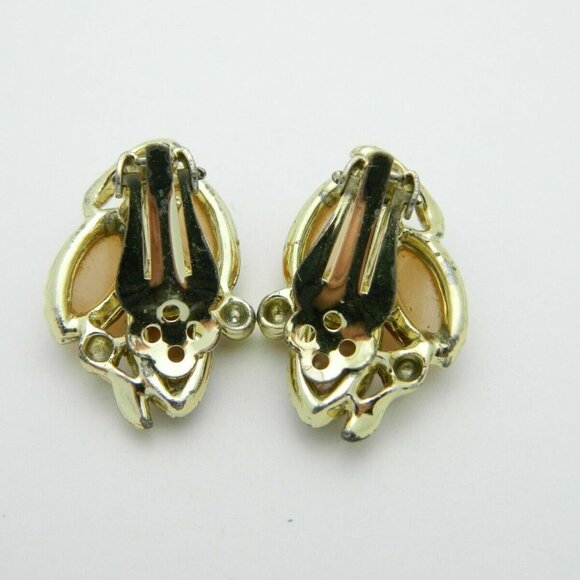 Gold Tone Brown Tan Thermoset Flower Clip Earrings - Picture 4 of 4